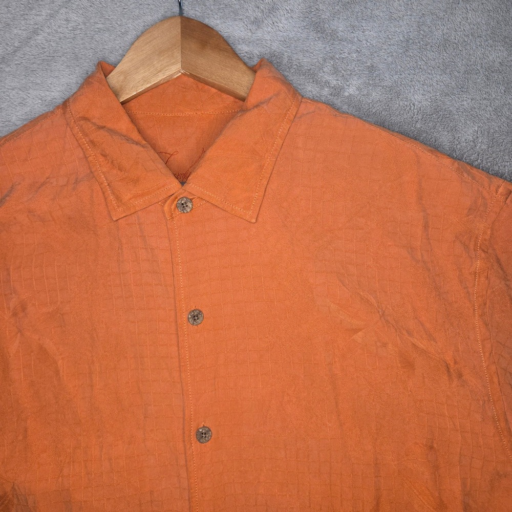 Tommy Bahama Mens XL Orange 100% Silk Jacquard Tropical Camp Shirt Short Sleeve
